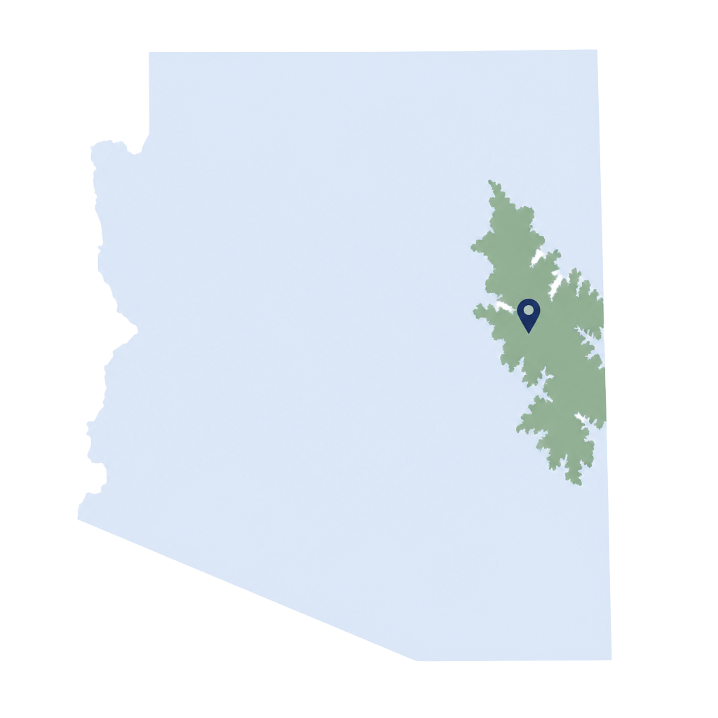 Map of Arizona highlighting the White Mountains region in the eastern highlands