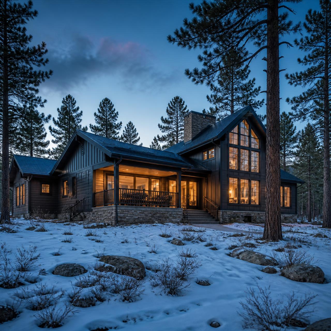 Vacation home in a pine forest with interior lights on at blue hour